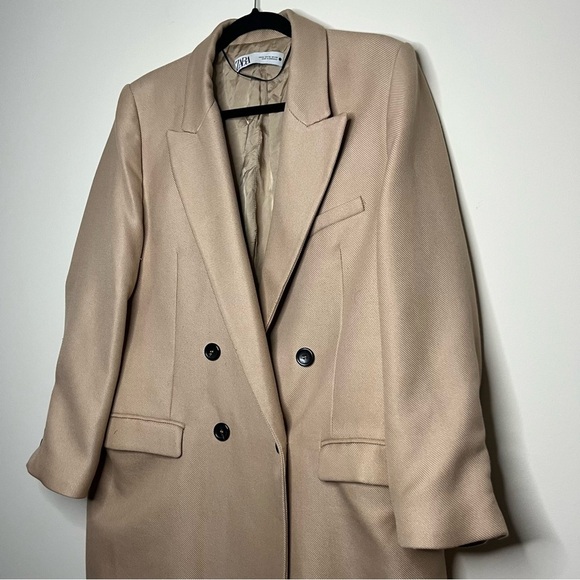 ZARA Tan Double Breasted Classic Timeless Peacoat Business Casual Winter Coat - Picture 6 of 11